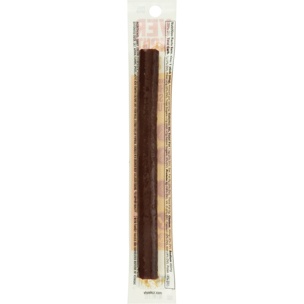 Smoked turkey stick in clear package, dark brown stick with label on back