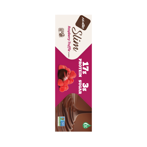 Slim protein bar package, raspberry truffle flavor, dark chocolate coating