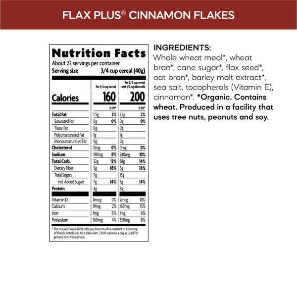 Nutrition facts and ingredient list panel for flax plus cinnamon flakes