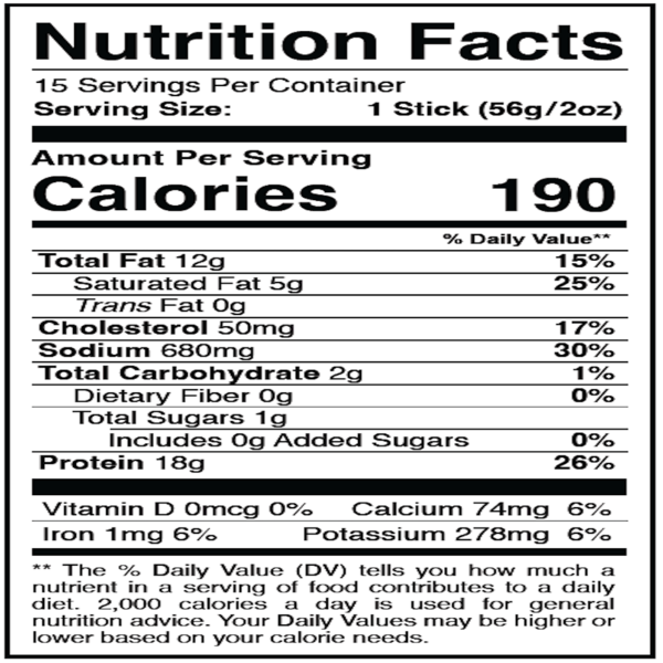 Nutrition facts label on white package for 1 stick, calories and % daily value