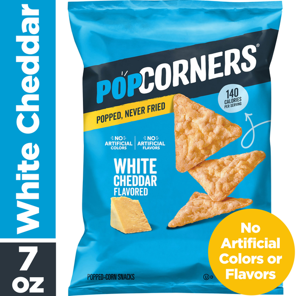 PopCorners popcorn snack bag, White Cheddar flavored, with triangular crisps