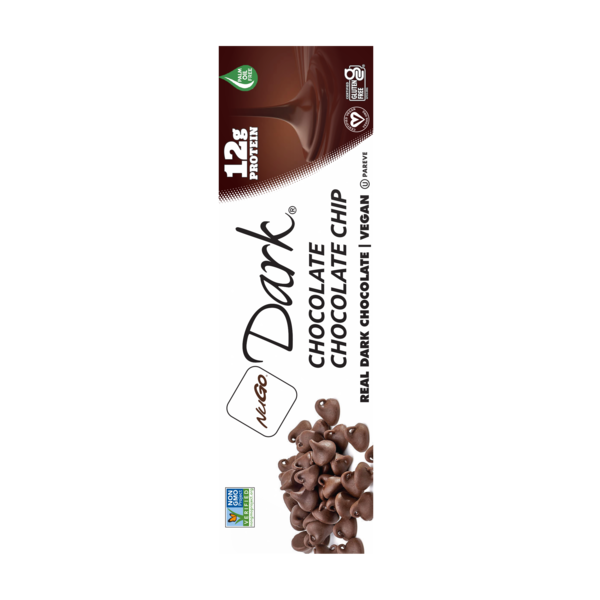 NuGo Dark chocolate chip vegan protein bar wrapper with nutrition details, 12g protein