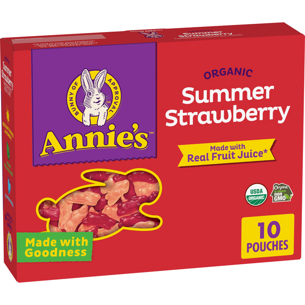 Organic strawberry fruit flavored snack box with bunny logo and 10 pouches