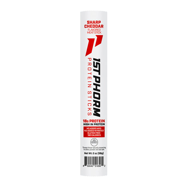 Sharp cheddar flavored protein stick, white wrapper with red and orange branding