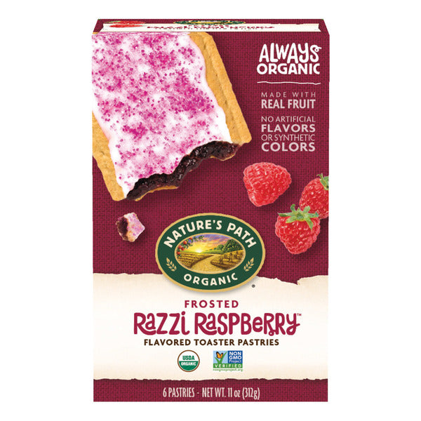 Frosted raspberry toaster pastries box with berry graphics and pastry cutout