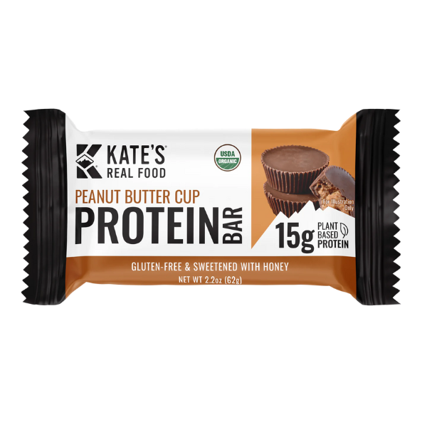 Gluten-free peanut butter cup protein bar in foil wrapper, 15g plant-based protein