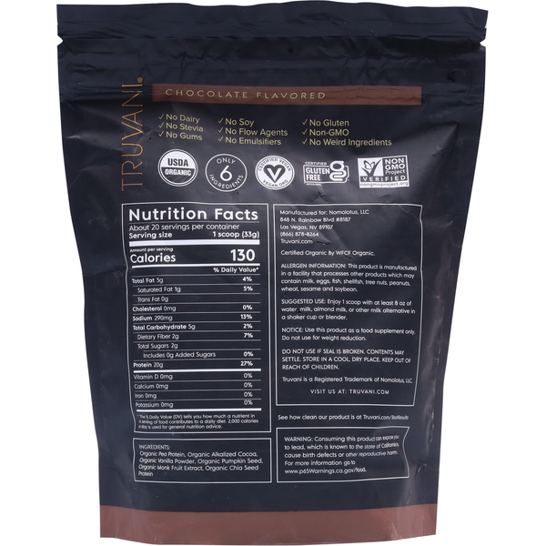 Truvani plant based protein powder pouch, nutrition facts and ingredient panel