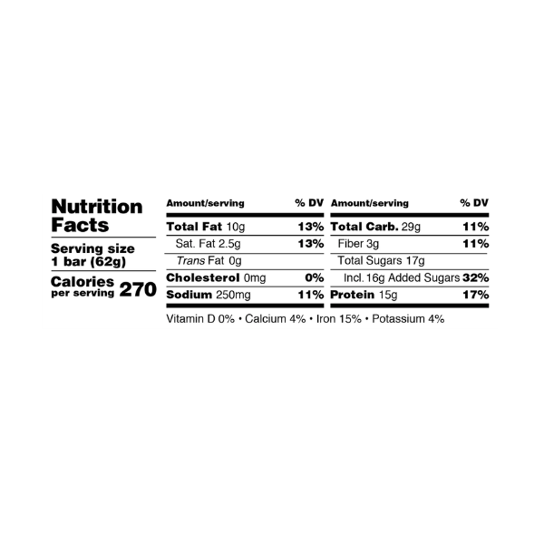 Protein bar Nutrition Facts panel with serving size 1 bar (62g) and calories 270