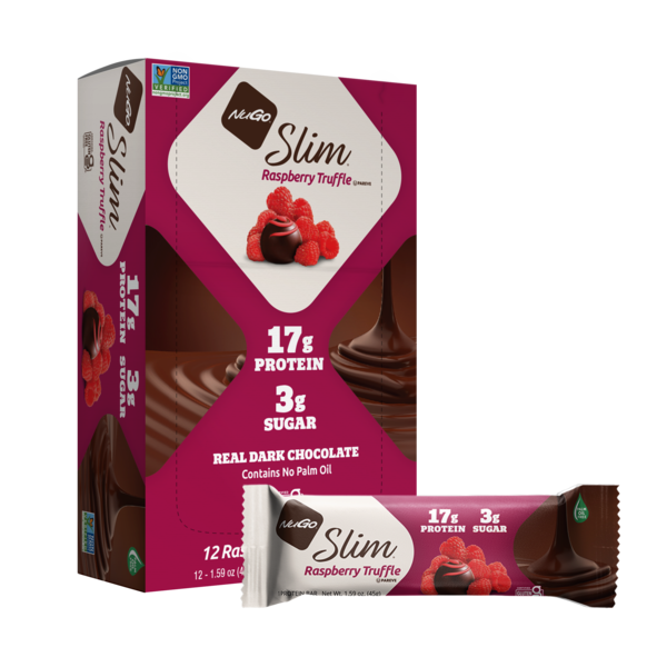 Raspberry truffle protein bar in dark chocolate coating, slim bar package