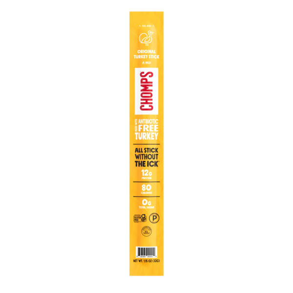 Chomps Original turkey stick, yellow package with net weight and nutrition icons