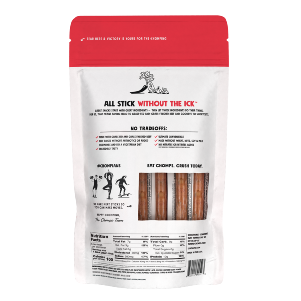 Chomps Original Beef Sticks pouch, backside with nutrition facts and ingredient panel