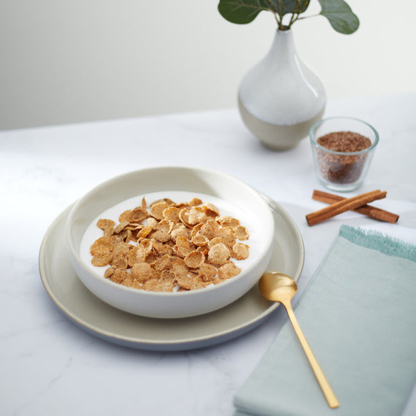 Bowl of flax and cinnamon cereal flakes with spoon and cinnamon sticks
