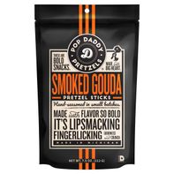 Pop Daddy smoked gouda pretzel sticks pouch, black bag with orange label