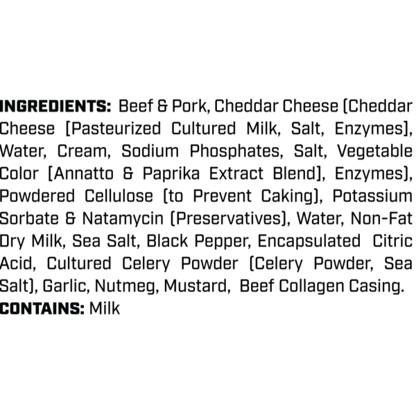 Ingredients label on white package with black text for cheddar protein stick