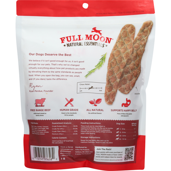 Full Moon natural essentials jerky tenders dog treats pouch back label with ingredients