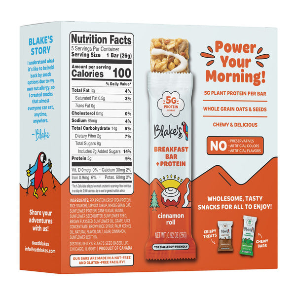Protein breakfast bar package back with nutrition facts panel and cinnamon roll bar photo
