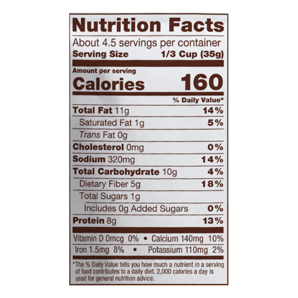 Nutrition facts panel: 160 calories per 1/3 cup (35 g)
