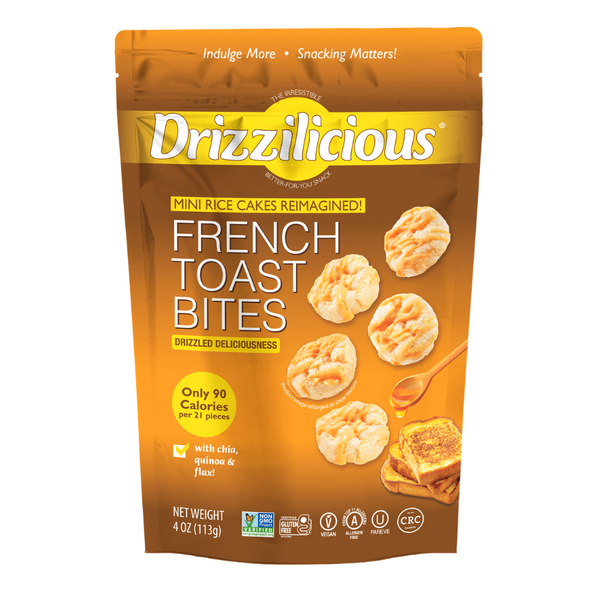 French toast mini rice cake bites pouch with yellow label and drizzled graphics