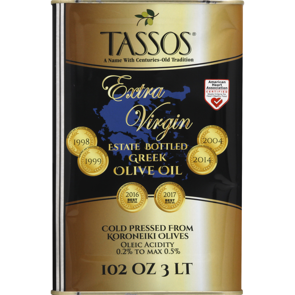 Tassos extra virgin estate bottled Greek olive oil can with vertical stripe