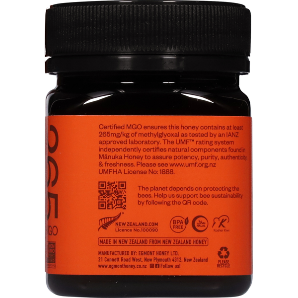Manuka honey jar back label with MGO certification and QR code