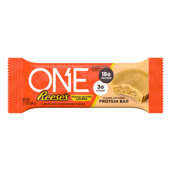 Protein bar in orange wrapper with peanut butter flavor branding