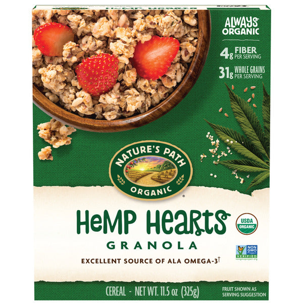 Nature's Path Hemp Hearts granola box with strawberries and hemp hearts, USDA Organic