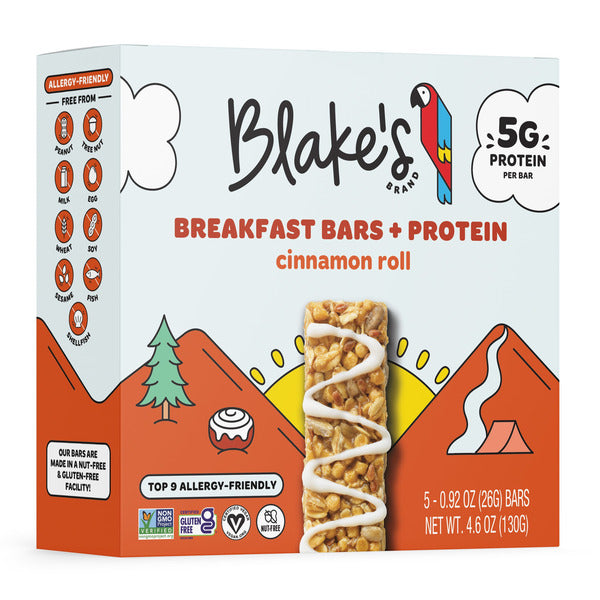 Protein breakfast bars package, cinnamon roll flavor with bar stack and 5g protein badge
