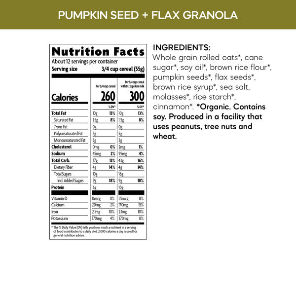 Nutrition Facts panel for pumpkin seed + flax granola on retail packaging