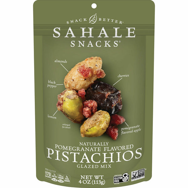 Pomegranate flavored glazed pistachios snack pouch with nut mix front label