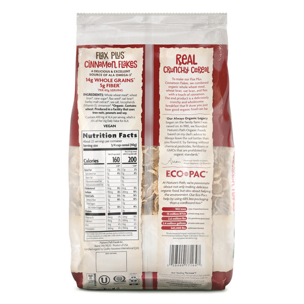 Organic flax plus cinnamon flakes cereal bag, back label view