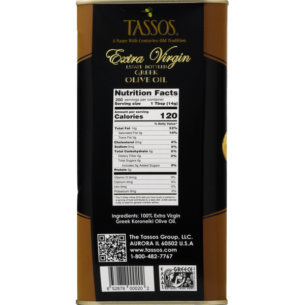 Tassos extra virgin Greek olive oil can with Nutrition Facts label