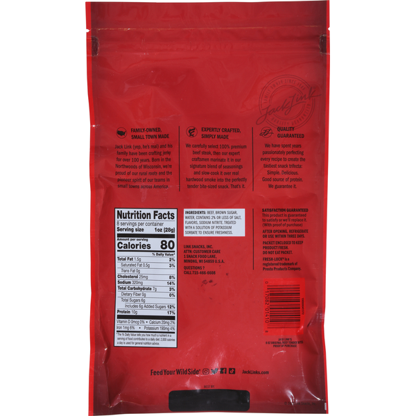 Jack Link's Original Beef Tender Bites pouch back with Nutrition Facts and ingredients