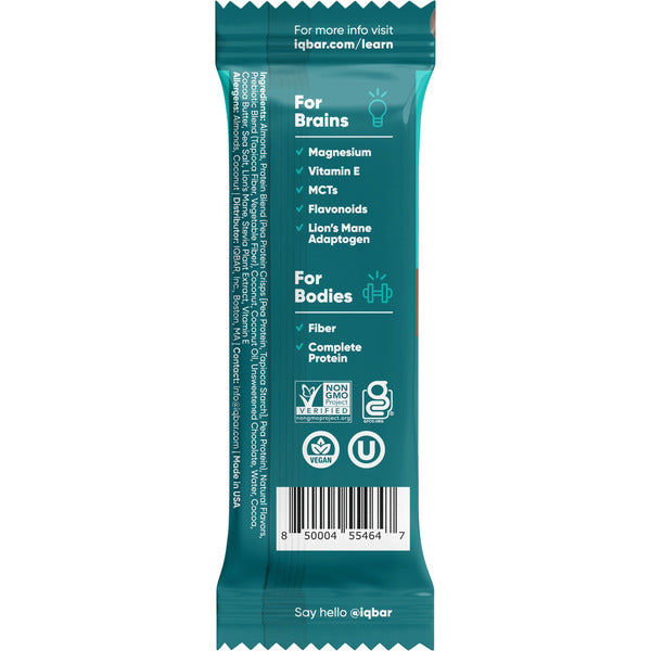 Back of teal protein bar wrapper with nutrition icons, badges, and barcode