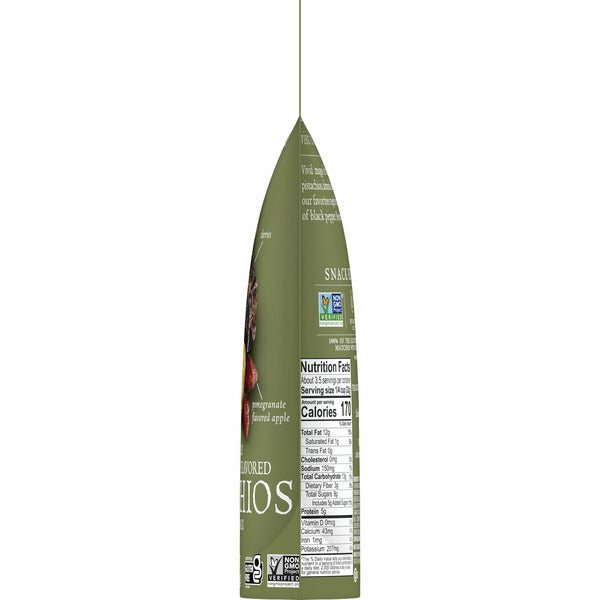 Pomegranate glazed pistachios snack pouch, back nutrition facts panel