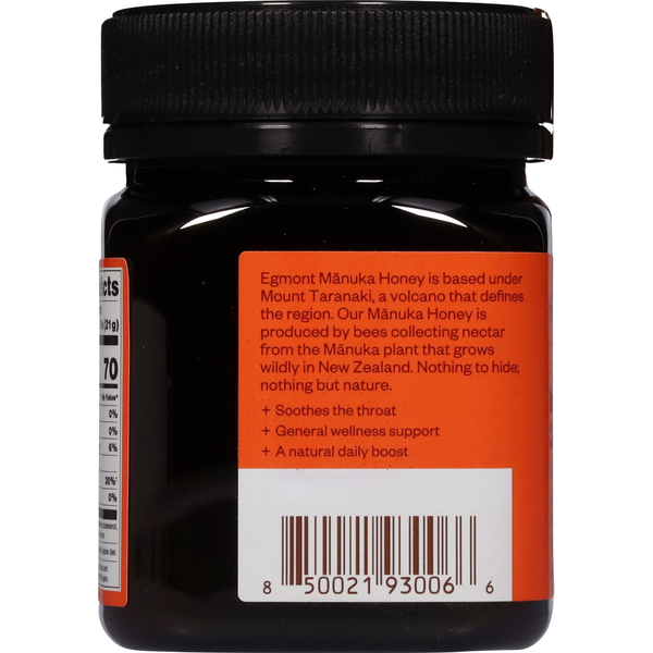 Manuka honey jar back label with product description and barcode