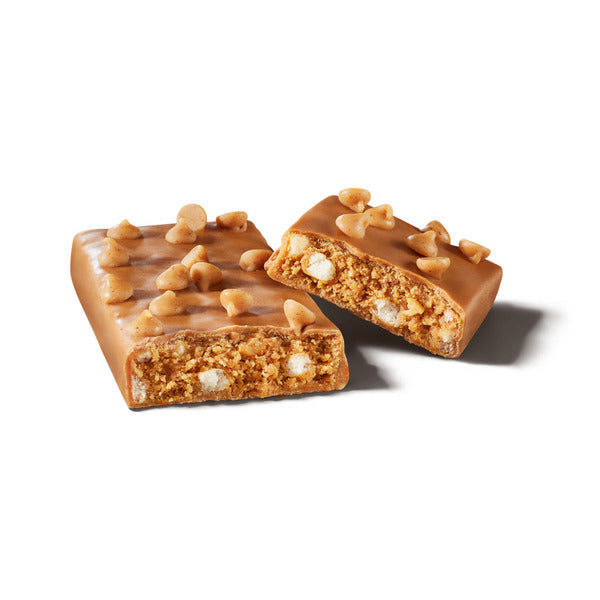 Peanut butter flavored protein bar pieces with caramel and peanut topping