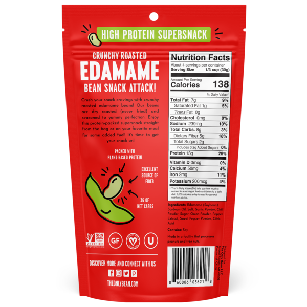 Crunchy roasted edamame snack bag, nutrition facts and ingredients panel on red