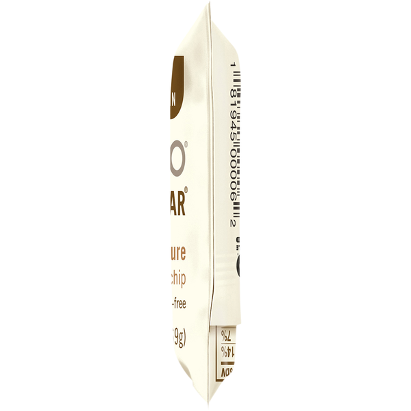 Protein bar wrapper, end view with flavor text and nutrition markings