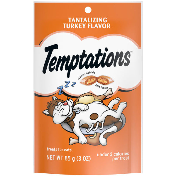 TEMPTATIONS cat treat pouch, crunchy and soft turkey flavor, orange front label