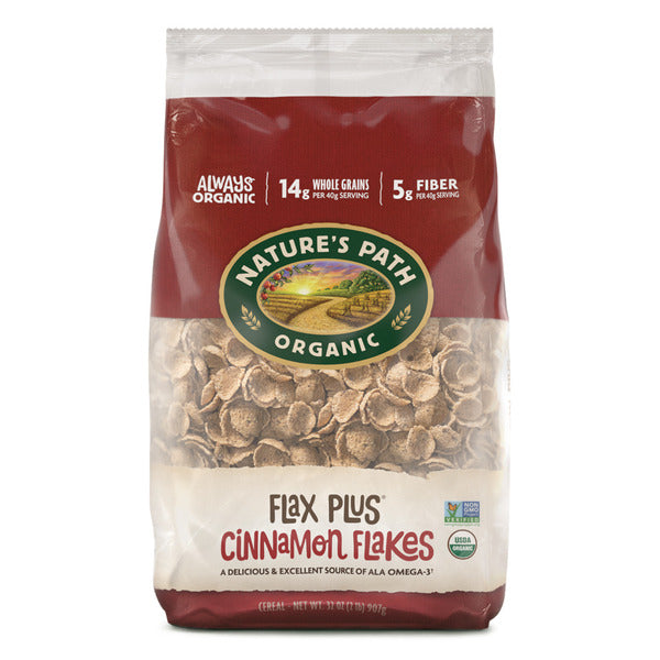 Organic flax plus cinnamon flakes cereal bag, front view