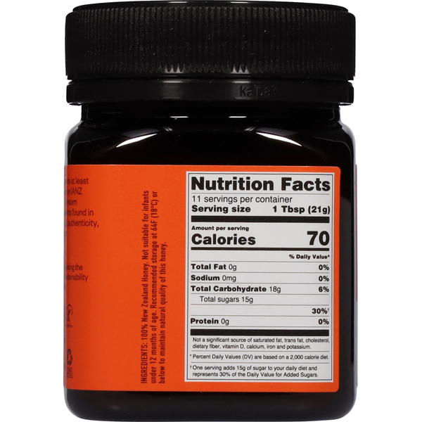 Manuka honey jar back label with Nutrition Facts panel