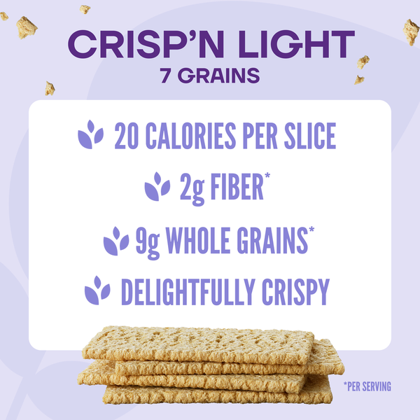 Stack of Wasa Crisp'n Light 7 grains crispbread crackers with nutrition callouts