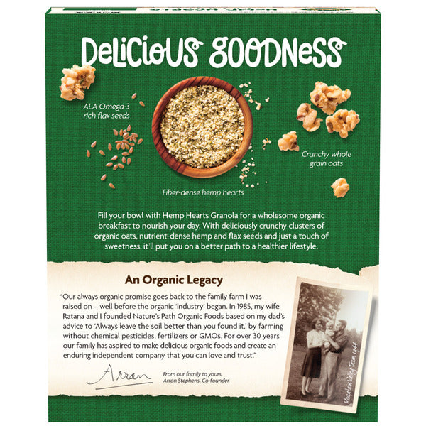 Nature's Path Hemp Hearts granola back panel with bowl and whole grain oats