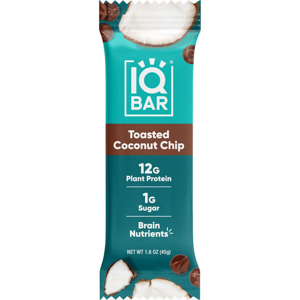 Teal wrapped protein bar, toasted coconut chip flavor, 12g plant protein, 1g sugar