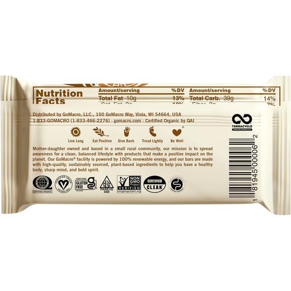 Protein bar wrapper, nutrition facts and ingredients panel on back side