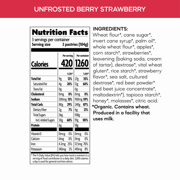 Nutrition facts and ingredients panel for unfrosted berry strawberry toaster pastries