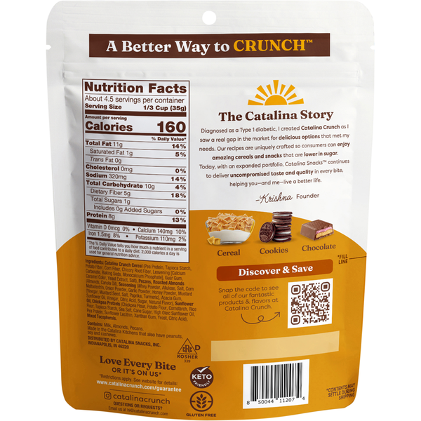 Back of honey mustard protein snack mix pouch with nutrition panel and barcode