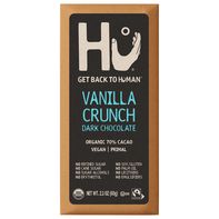 HU Vanilla Crunch dark chocolate bar wrapper with prominent HU logo