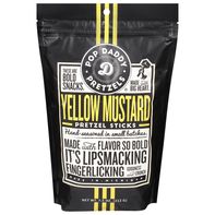 Yellow mustard pretzel sticks in black resealable bag