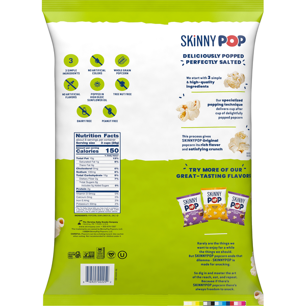 Skinny Pop Party Size Original popcorn bag back with Nutrition Facts and ingredient icons